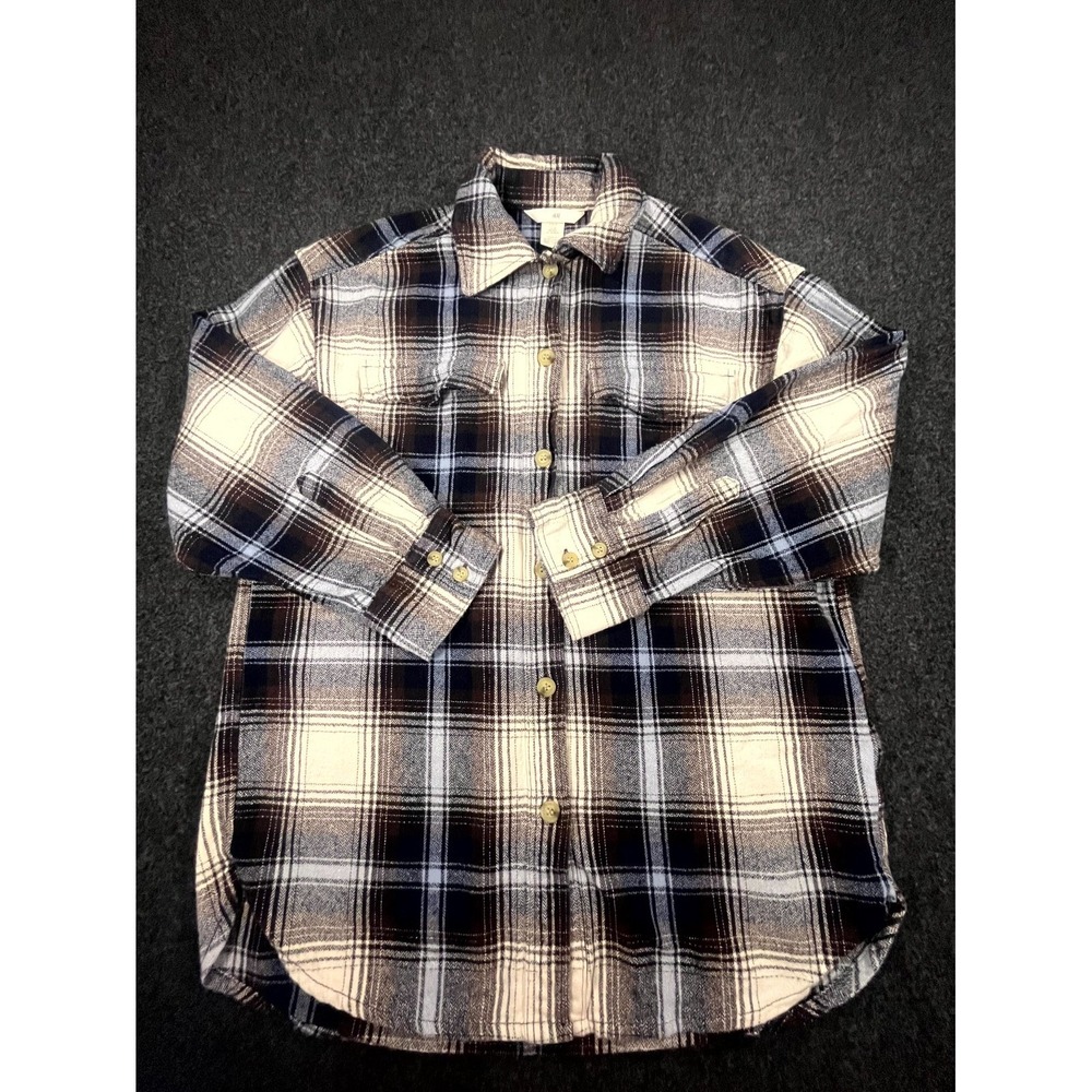 H&M Shirt Womens XS Multicolor Plaid Flannel Cotton Back Box Round Hem Button Up